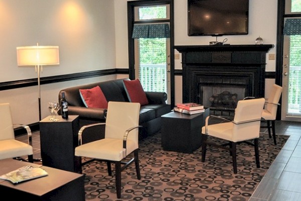 A well-furnished living room with a fireplace, seating, a TV, and decor accents in a cozy setting.