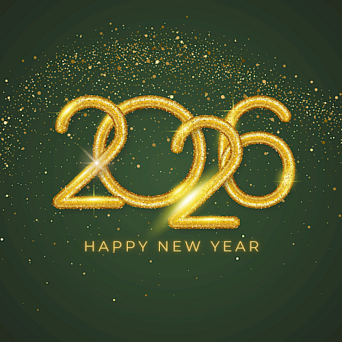 A glowing gold “2026” design with shimmering confetti dust and the words “Happy New Year” beneath, set against a dark green background.