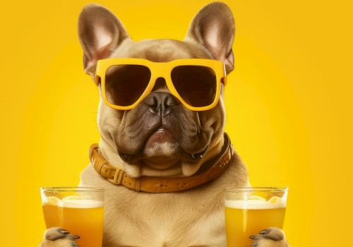 A French Bulldog wearing yellow sunglasses holds two glasses of orange juice against a matching yellow background.
