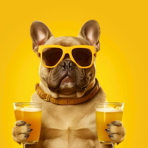 A French Bulldog wearing yellow sunglasses holds two glasses of orange juice against a matching yellow background.