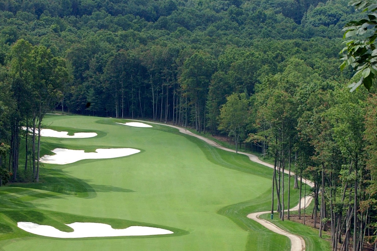A scenic golf course with lush green fairways, sand bunkers, and tall trees lining a winding layout at a sunny risk.