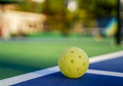 A pickleball court with a yellow perforated ball resting on the court lines, with blurred background scenery.
