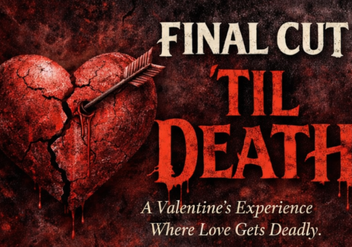 A horror poster shows a cracked heart with an arrow, 