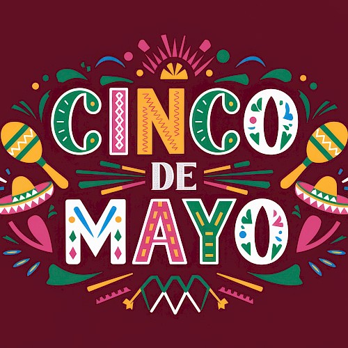 The image features festive, colorful lettering and graphics with maracas and sombreros celebrating 