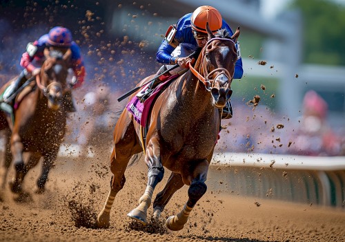 The image shows a horse race with two jockeys riding on a dirt track, one horse leading and kicking up dirt in the foreground.