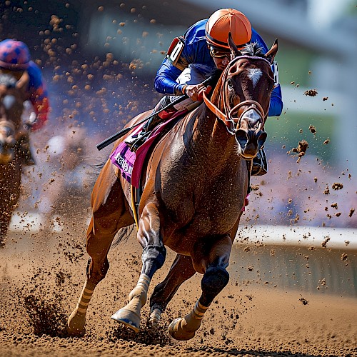 The image shows a horse race with two jockeys riding on a dirt track, one horse leading and kicking up dirt in the foreground.