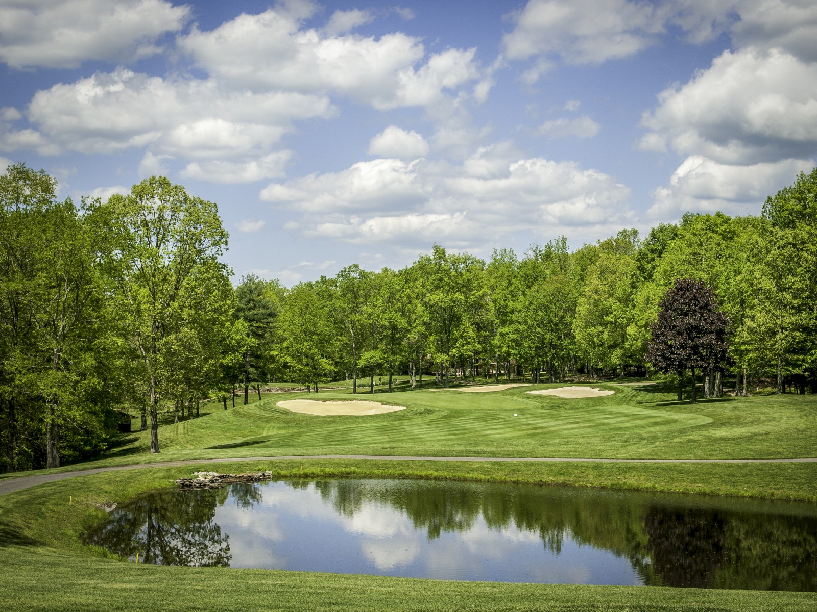 A serene golf course scene with lush green fairways, a calm water hazard reflecting the sky, and trees lining the landscape under a partly cloudy blue sky.