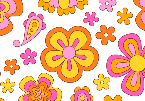 A playful retro floral pattern with bright pink, yellow, and orange flowers and petals scattered across a white background.