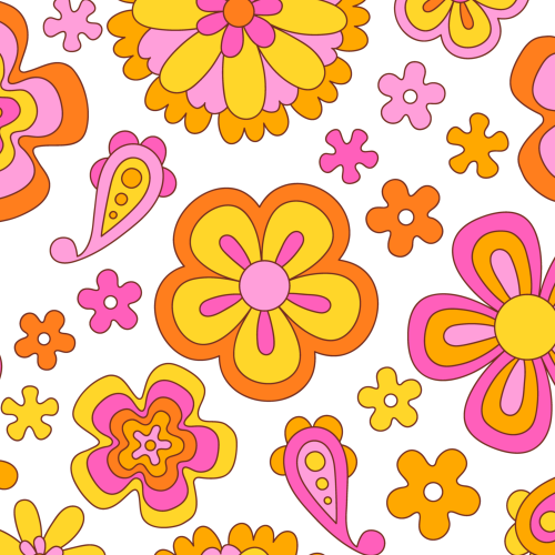 A playful retro floral pattern with bright pink, yellow, and orange flowers and petals scattered across a white background.