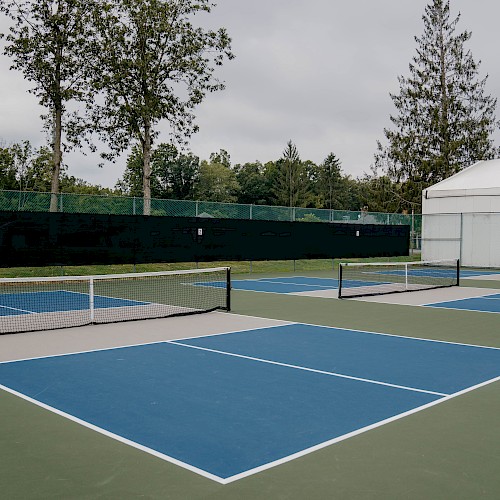 The image shows two outdoor pickleball courts with blue surfaces, surrounded by trees and a white structure in the background.