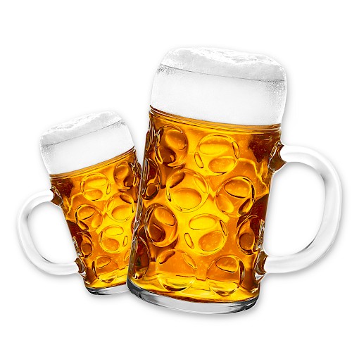 Two beer mugs filled with frothy beer are displayed against a white background.