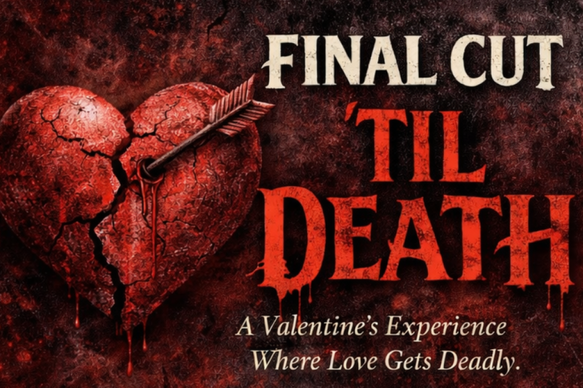 A shattered heart pierced by a dagger, with blood-red text reading “FINAL CUT TIL DEATH,” a dark Valentine’s horror vibe about deadly love.