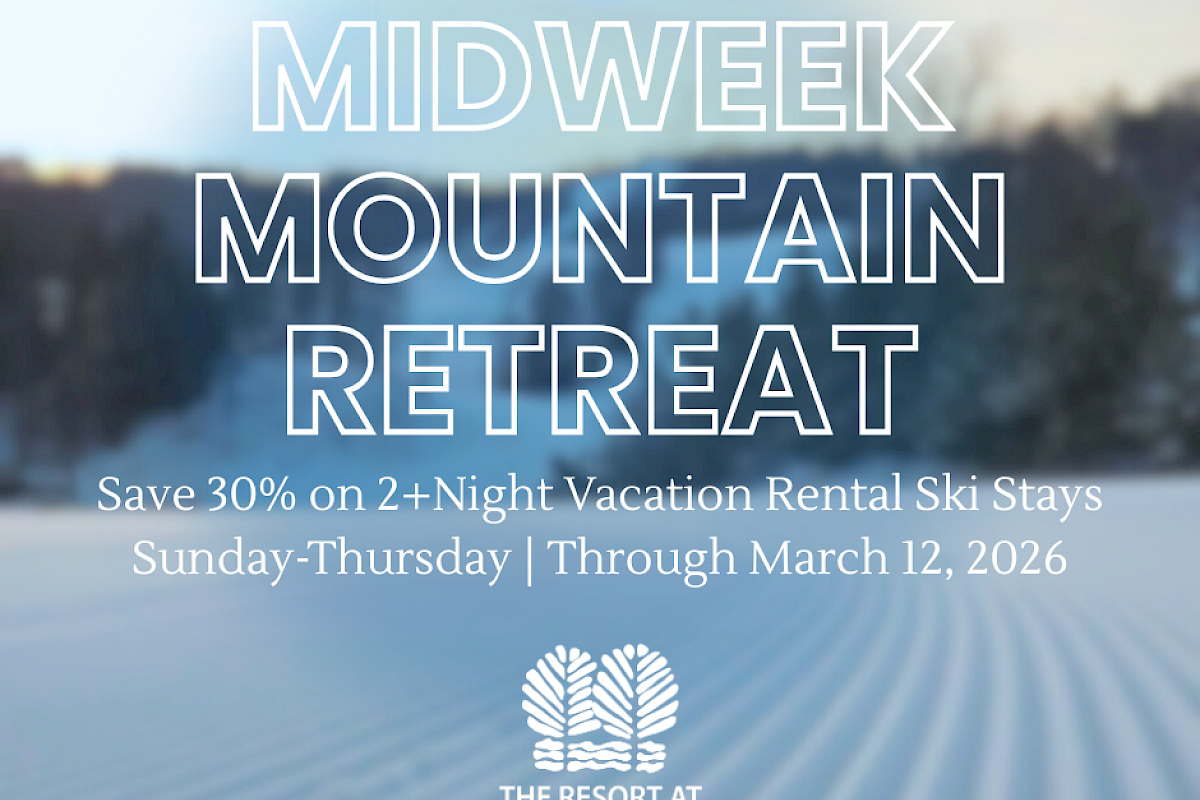 Midweek Mountain Retreat promo at Glade Springs, offering 2+ nights, 30% off ski stays, valid Sunday–Thursday through March 12, 2026, with winter scene backdrop.