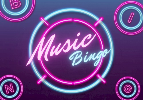 A neon sign reads “Music Bingo” in cursive inside a glowing circular frame, with bright pink and blue neon rings and letters around it.