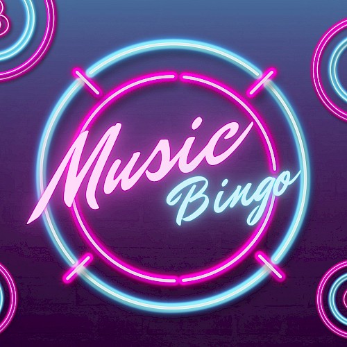 A neon sign reads “Music Bingo” in cursive inside a glowing circular frame, with bright pink and blue neon rings and letters around it.